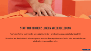 Start mit der Herz-Lungen-Wiederbelebung Nach dem Notruf beginnen Sie unverzüglich mit der Herzdruckmassage. Jede Sekunde zählt! Unterbrechen Sie die Herzdruckmassage nur, wenn der Rettungsdienst vor Ort ist, oder wenn die Person eindeutige Lebenszeichen zeigt.