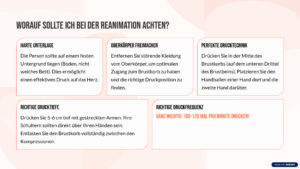 Start mit der Herz-Lungen-Wiederbelebung Nach dem Notruf beginnen Sie unverzüglich mit der Herzdruckmassage. Jede Sekunde zählt! Unterbrechen Sie die Herzdruckmassage nur, wenn der Rettungsdienst vor Ort ist, oder wenn die Person eindeutige Lebenszeichen zeigt. Worauf sollte ich bei der Reanimation achten? Harte Unterlage Die Person sollte auf einem festen Untergrund liegen (Boden, nicht weiches Bett). Dies ermöglicht einen effektiven Druck auf das Herz. Oberkörper freimachen Entfernen Sie störende Kleidung vom Oberkörper, um optimalen Zugang zum Brustkorb zu haben und die richtige Druckposition zu finden. Perfekte Drucktechnik Drücken Sie in der Mitte des Brustkorbs (auf dem unteren Drittel des Brustbeins). Platzieren Sie den Handballen einer Hand dort und die zweite Hand darüber. Richtige Drucktiefe Drücken Sie 5-6 cm tief mit gestreckten Armen. Ihre Schultern sollten direkt über Ihren Händen sein. Entlasten Sie den Brustkorb vollständig zwischen den Kompressionen. Richtige Druckfrequenz Ganz wichtig: 100-120 Mal pro Minute drücken!