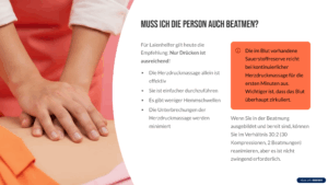 Start mit der Herz-Lungen-Wiederbelebung Nach dem Notruf beginnen Sie unverzüglich mit der Herzdruckmassage. Jede Sekunde zählt! Unterbrechen Sie die Herzdruckmassage nur, wenn der Rettungsdienst vor Ort ist, oder wenn die Person eindeutige Lebenszeichen zeigt. Worauf sollte ich bei der Reanimation achten? Harte Unterlage Die Person sollte auf einem festen Untergrund liegen (Boden, nicht weiches Bett). Dies ermöglicht einen effektiven Druck auf das Herz. Oberkörper freimachen Entfernen Sie störende Kleidung vom Oberkörper, um optimalen Zugang zum Brustkorb zu haben und die richtige Druckposition zu finden. Perfekte Drucktechnik Drücken Sie in der Mitte des Brustkorbs (auf dem unteren Drittel des Brustbeins). Platzieren Sie den Handballen einer Hand dort und die zweite Hand darüber. Richtige Drucktiefe Drücken Sie 5-6 cm tief mit gestreckten Armen. Ihre Schultern sollten direkt über Ihren Händen sein. Entlasten Sie den Brustkorb vollständig zwischen den Kompressionen. Richtige Druckfrequenz Ganz wichtig: 100-120 Mal pro Minute drücken!