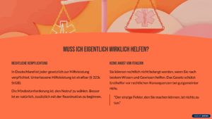 Muss ich eigentlich wirklich helfen? Rechtliche Verpflichtung In Deutschland ist jeder gesetzlich zur Hilfeleistung verpflichtet. Unterlassene Hilfeleistung ist strafbar (§ 323c StGB). Die Mindestanforderung ist, den Notruf zu wählen. Besser ist es natürlich, zusätzlich mit der Reanimation zu beginnen. Keine Angst vor Fehlern Sie können rechtlich nicht belangt werden, wenn Sie nach bestem Wissen und Gewissen helfen. Das Gesetz schützt Ersthelfer vor rechtlichen Konsequenzen bei gutgemeinter Hilfe. "Der einzige Fehler, den Sie machen können, ist nichts zu tun."